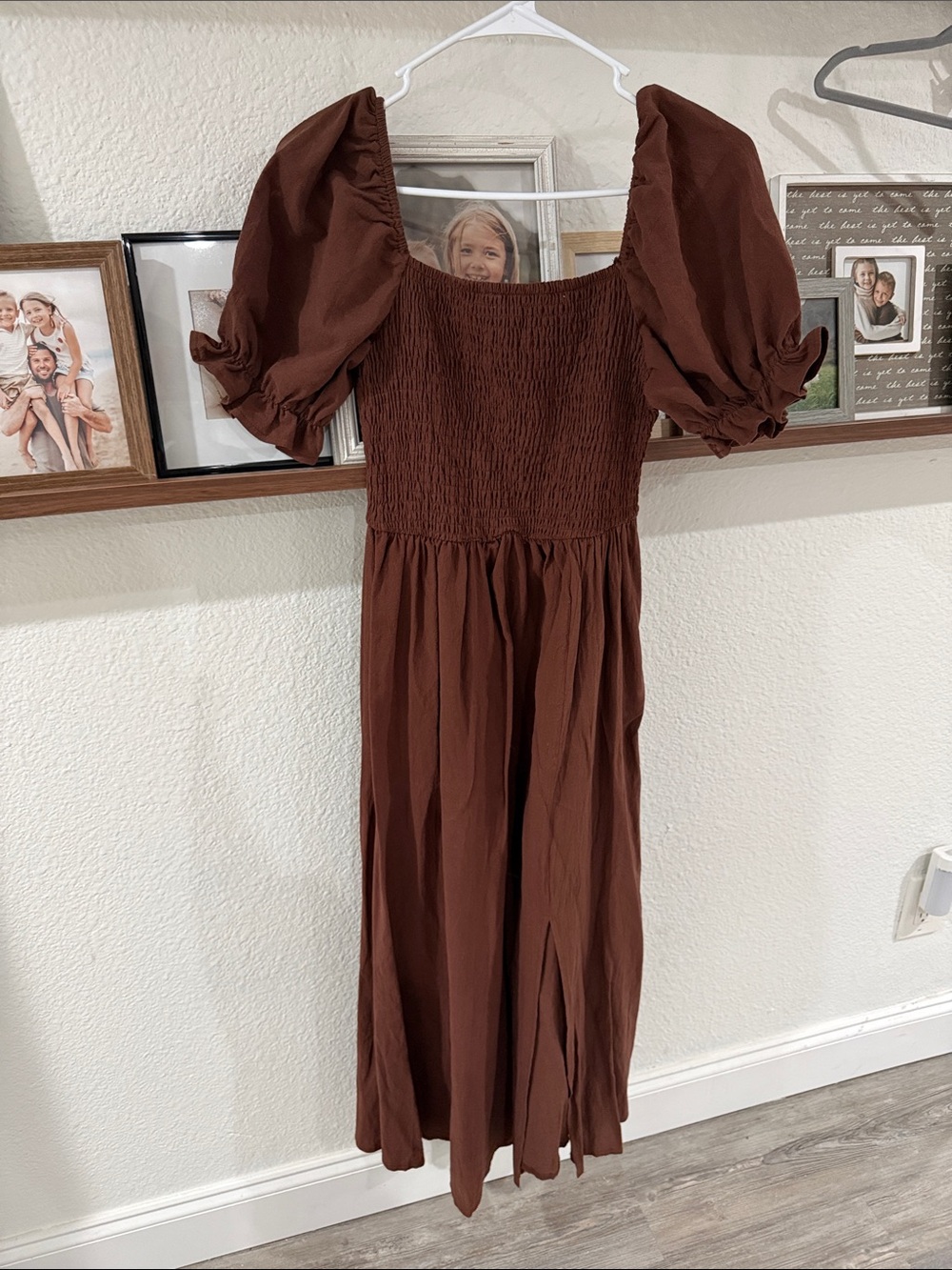SHEIN Chocolate Brown Puff-Sleeve Smocked Midi Dress